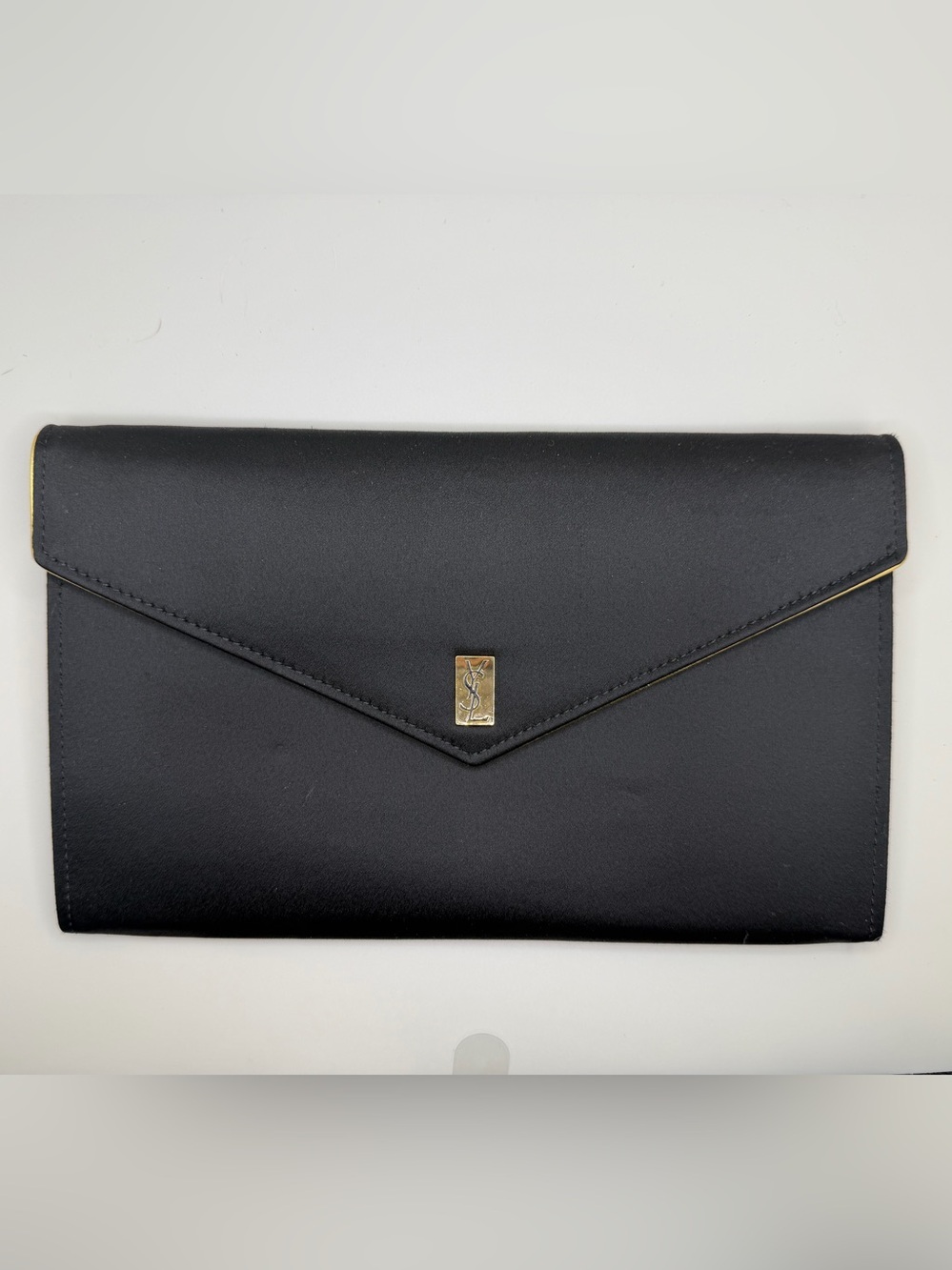 Saint Laurent Black Leather Envelope Clutch with Gold YSL Plaque